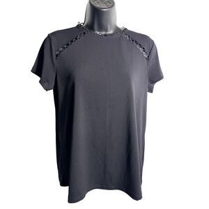 H&M Blouse Womens Small Black Short Sleeve Round Neck Circle Trim Top Stretch